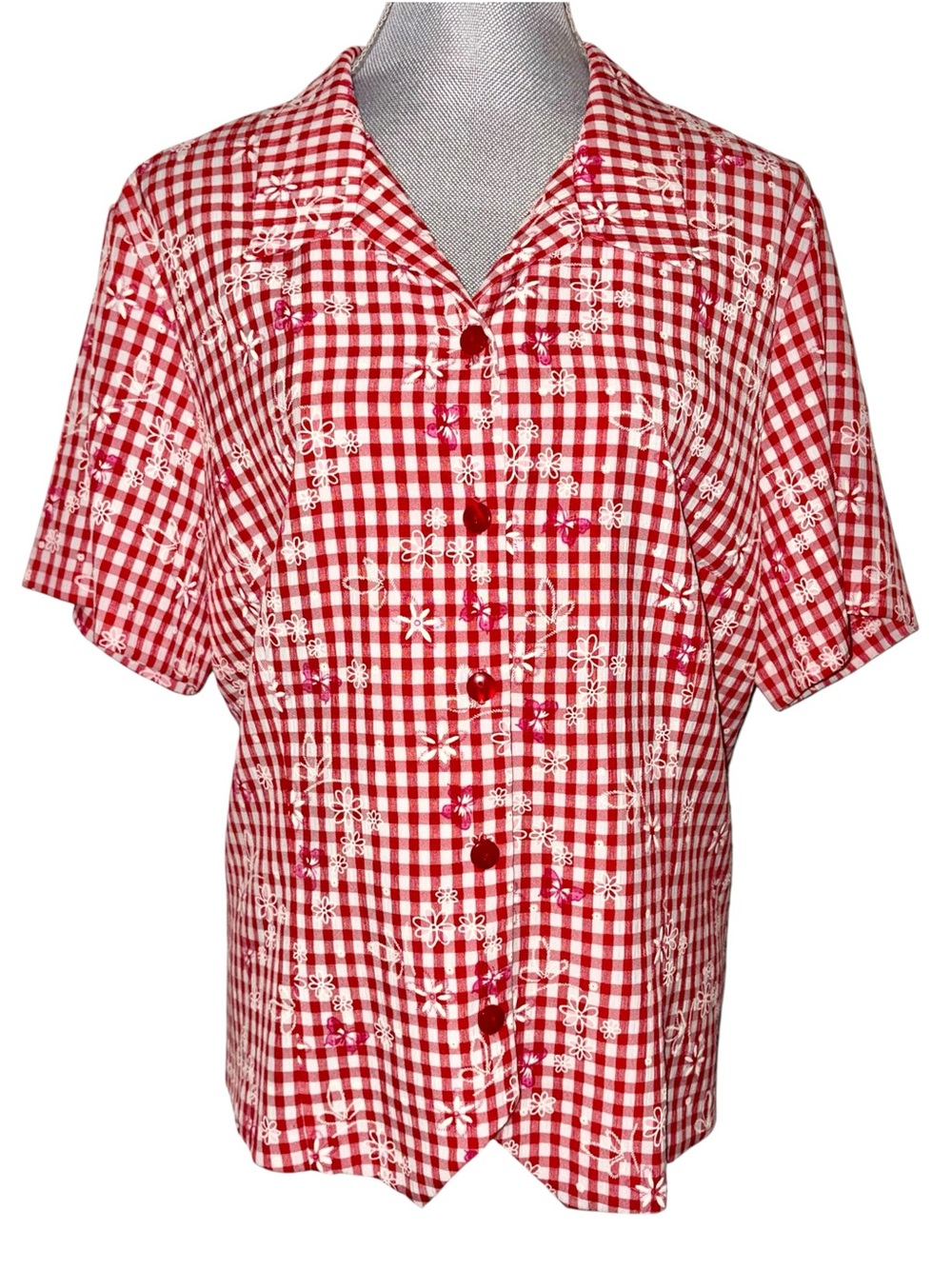 Vintage 90s Sag Harbor Red Gingham Floral Tie Back Blouse
